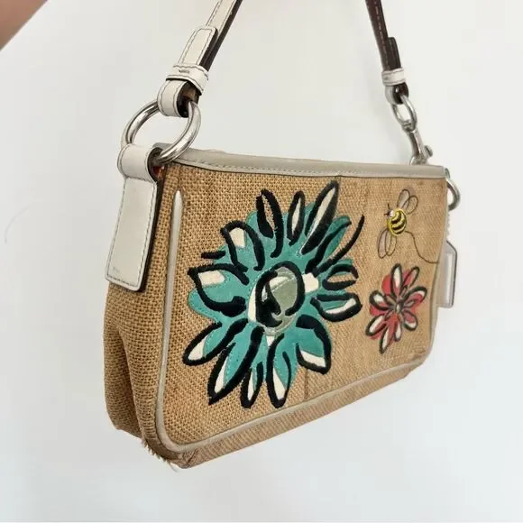 Coach LE Limited Bumble Bee Floral Y2K Mini Bag w Raffia Shoulder Purse tag READ - Picture 2 of 8